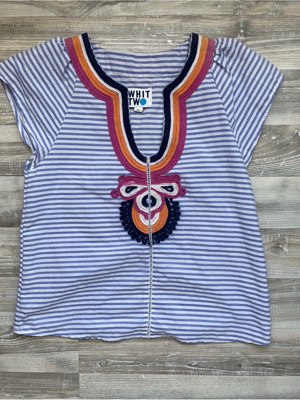 WHIT Two Purple Striped Embroidered‎ Tunic Top XSP 100% Cotton Boho
